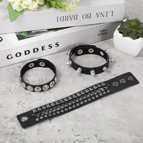 Miniatura 4 de Ptwola 3 pulseras de cuero punk rock con tachuelas, pulseras de joyería de cuero punk de los años 80, juego de pulseras góticas de los años 80