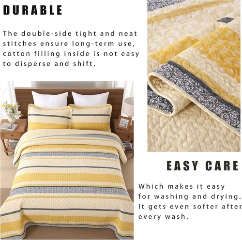 Miniatura 6 de Homzard - Juego de ropa de cama de algodón, tamaño Queen, color amarillo, negro y gris a rayas, ligero, de estilo rústico, para todas las 01-2