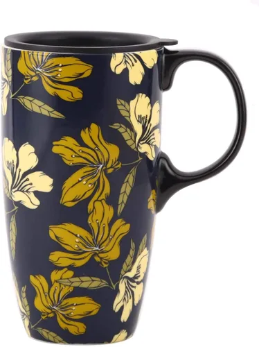 Miniatura 8 de Topadorn Taza de café de cerámica de 17 onzas, taza de viaje floral de cachemira azul y amarillo con tapa, apta para microondas y lavavajillas, sin