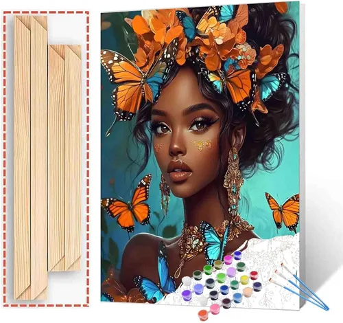 Miniatura 10 de Pintura de niña afro a la moda, kits de pintura por números, 16 x 20 pulgadas, lienzo de hojas tropicales, pintura al óleo para niños y adultos