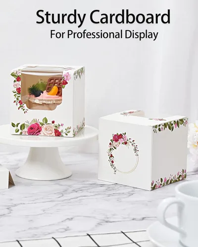 Miniatura 5 de Happyhiram Cajas para magdalenas, 12 unidades, rosas florales, mini caja de regalo individual para el día de la madre, hojas botánicas, recipientes