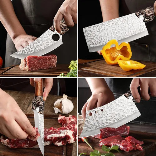 Miniatura 7 de Juego de cuchillos de chef de cocina forjada, acero inoxidable, carne, pescado, fruta, verduras, cuchillo para rebanar, cuchillos de carnicero, 6