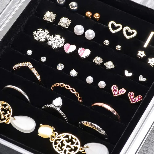 Miniatura 4 de Frebeauty Joyero de acrílico con 4 cajones, organizador de joyas transparente, anillos de terciopelo, collares, aretes, pulseras, vitrina, bandeja