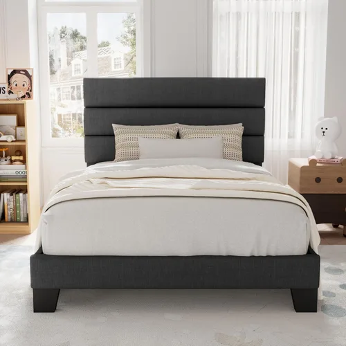 Miniatura 22 de Allewie - Base de cama de plataforma matrimonial con cabecera tapizada de tela y soporte de listones de madera, base de colchón totalmente tapizada