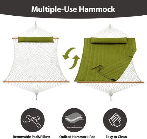 Miniatura 3 de CHULIM Hamaca doble para exterior con barras separadoras de madera dura, hamaca grande de cuerda con almohada de poliéster y cojín, capacidad de 475