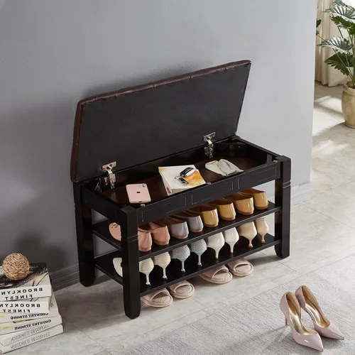 Miniatura 4 de Banco de almacenamiento de zapatos, zapatero de entrada con asiento de cuero de fibra de 2 niveles, organizador superior de madera para entrada