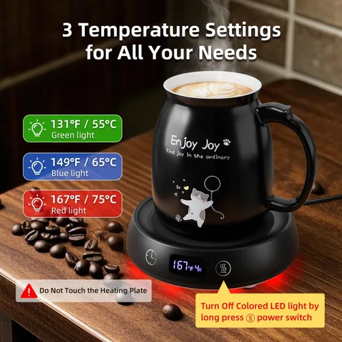 Miniatura 2 de Calentador de taza de café con bonito juego de tazas de gato, calentador eléctrico de 8 horas de apagado automático para escritorio, oficina, hogar
