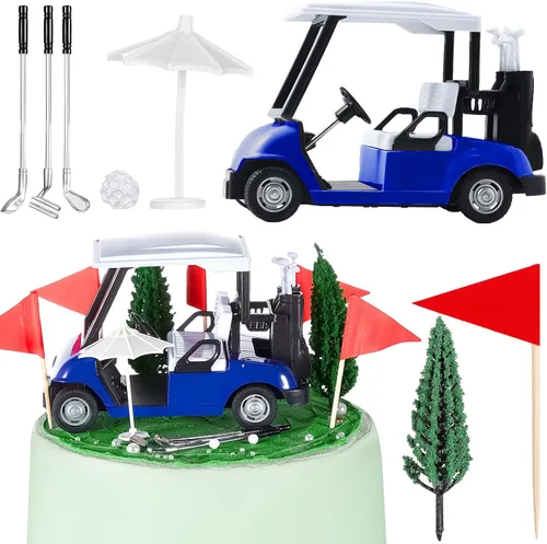 Leitee 21 piezas de decoración de pastel de golf con mini carrito, bandera roja, bola, árbol verde, club, sombrilla de sol para decoración de pastel