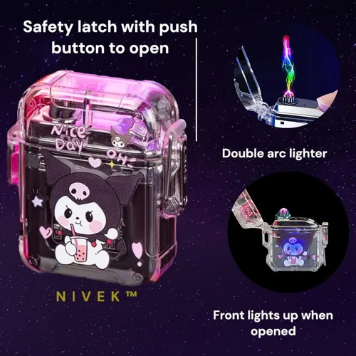Miniatura 2 de NIVEK Kuromi - Encendedor de carga USB transparente de doble arco, impermeable, recargable, luz de gatito KT, melodía de gato, japonés, kawaii