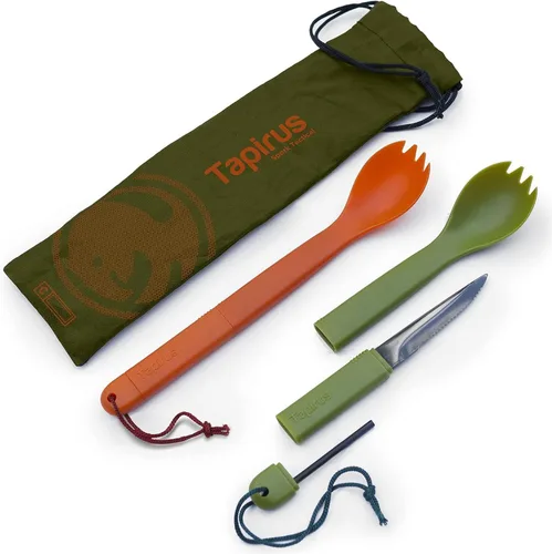 Tapirus Spork Tactical - Paquete de 2 tenedores tácticos naranja/verde, sin BPA, cuchillo de acero inoxidable y arrancador de fuego, utensilio
