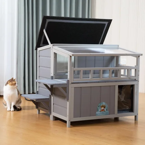 Miniatura 8 de Refugio para gatos de madera cálida de 2 niveles con techo de luz solar, casa para gatos al aire libre, balcón, plataformas de salto, recinto