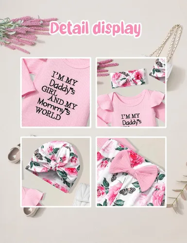 Miniatura 4 de Ropa de bebé niña, 4 piezas, trajes de niña recién nacida, con volantes, mameluco de campana para bebé, diadema, bandana, conjuntos de ropa, regalos