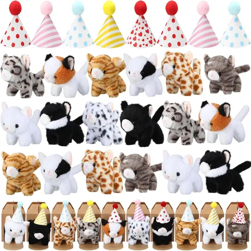 Miniatura 14 de Juego de 20 Mini Juguetes de Peluche Animales de Peluche Perros con Sombreros de Cumpleaños Cajas de Papel Kraft Cachorros de Peluche Pequeños