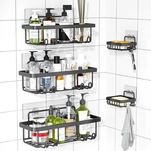 Organizador de ducha adhesivo, paquete de 5 organizadores de baño de acero inoxidable a prueba de óxido y almacenamiento, organizador de baño de