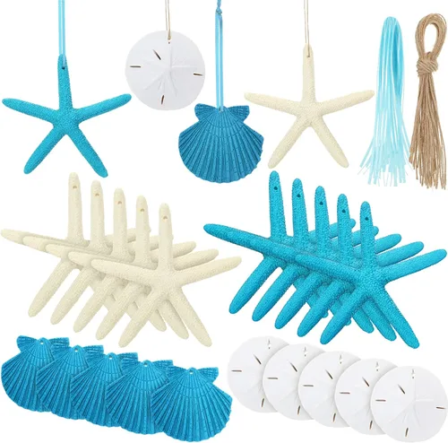 Chuangdi 20 adornos de resina de estrella de mar de concha de mar, decoraciones colgantes con cuerda y cinta azul para verano, playa, boda, fiesta,