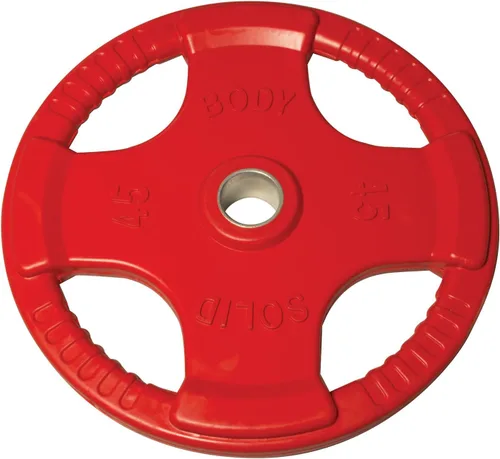 Miniatura 7 de Body-Solid Placa de goma con diseño de agarre cuádruple, discos de peso olímpicos con revestimiento de goma para levantamiento de pesas