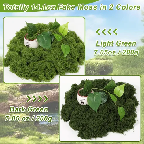 Miniatura 3 de Jollidecor Musgo falso para manualidades, musgo artificial de 14.1 onzas para plantas, decoración de interiores, verde claro y verde oscuro, musgo