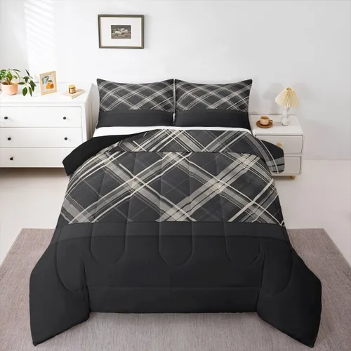 Miniatura 40 de Erosebridal Edredón Cuadrado para Niños y Niñas, Juego de Ropa de Cama Negro y Gris Blanco Azul Marino, Juego de Edredón Geométrico Completo