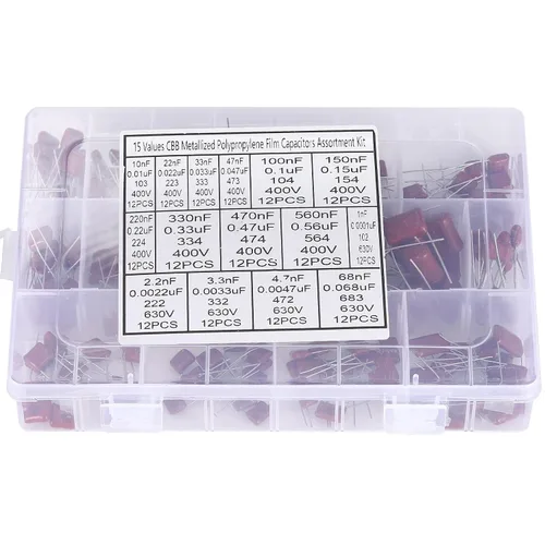 Miniatura 3 de Condensador de película metalizada de 180 piezas, 15 valores, 400 V 630 V 0.001uF a 0.56uF CBB22 Película de polipropileno DC Kit surtido