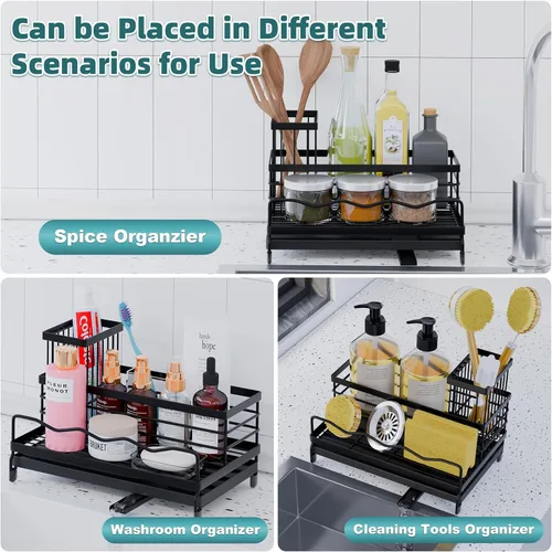 Miniatura 6 de Soporte de esponja para cocina, organizador de fregadero con soporte alto para cepillos y bandeja de drenaje rápido, boquilla giratoria de 360°