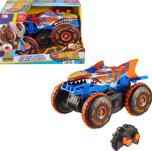Hot Wheels Monster Trucks - Vehículo de juguete a control remoto, escalador de tiburón tigre a gran escala con 3 modos de juego para carreras,