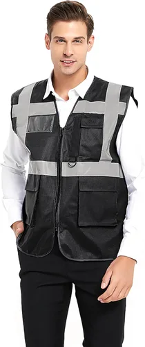 Miniatura 10 de TOPTIE Chaleco de seguridad de alta visibilidad de 5 bolsillos con tiras reflectantes, chaleco de uniforme de trabajo Anaranjado Neón