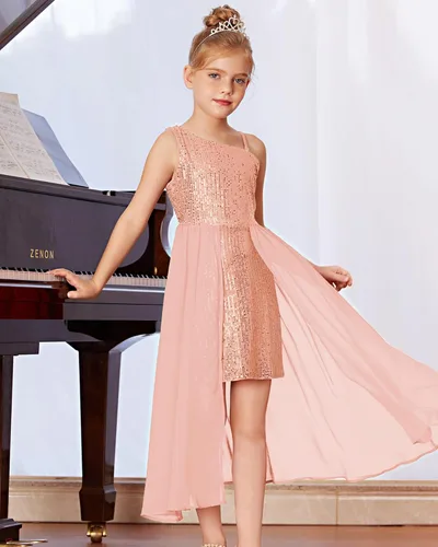 Miniatura 2 de GRACE KARIN Vestido de lentejuelas para niñas, vestido de fiesta de cumpleaños de un hombro, vestidos de graduación 6-14 años