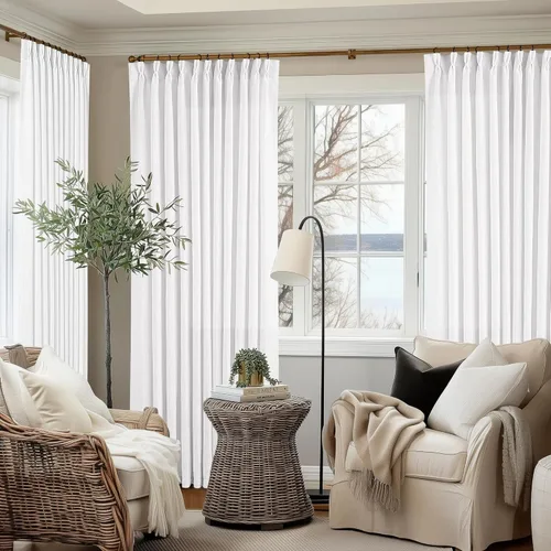 Miniatura 119 de Cortinas de lino natural con pliegues fruncidos de 120 pulgadas de largo para sala de estar, cortinas plisadas con ganchos y lengüeta trasera
