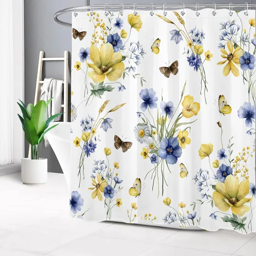 HVEST Cortina de ducha floral de granja con ganchos, flor azul y amarilla y mariposa sobre blanco, cortina de ducha para baño, juego de cortinas de