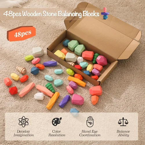 Miniatura 2 de OESSUF 48 piezas de bloques apilables, piedras apilables de equilibrio, juguetes de construcción de madera, juego de apilamiento de piedra de madera