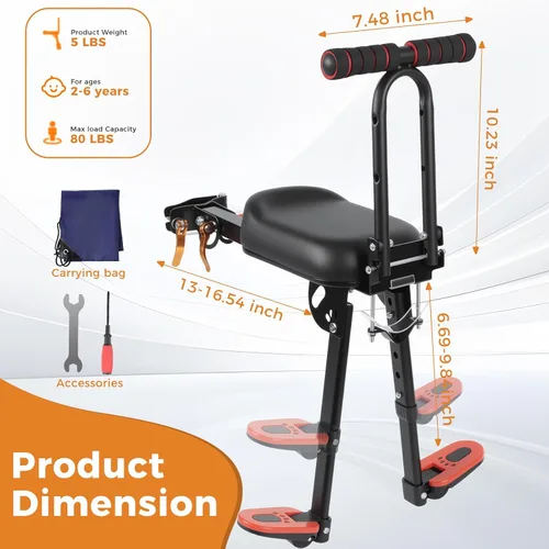 Miniatura 6 de Asiento de bicicleta plegable para niños, asiento de bicicleta de montaje frontal para niños en bicicleta de adultos, asiento portátil de bicicleta