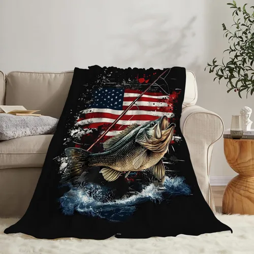 Miniatura 4 de Manta de pesca con bandera estadounidense, manta suave, cálida, acogedora, mullida, de felpa, regalos para niñas y mujeres, ligera, franela