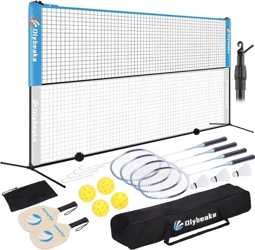 17FT Portable Pickleball Badminton Net Set Outdoor, Height Adjustable Multi Sports Net Set for Backyards Driveway with 4 Aluminum Rackets, 2 Pickle