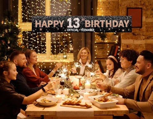 Miniatura 5 de Joyiou Cartel de fondo de feliz cumpleaños 13 para niña, pancarta oficial para adolescentes, suministros de letrero grande de oro rosa para fiesta