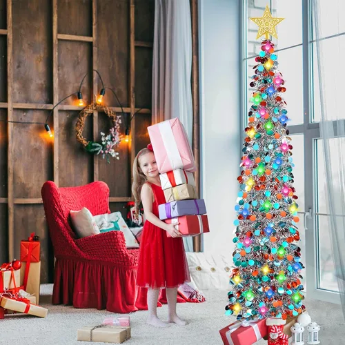 Miniatura 4 de RACPNEL Árbol de Navidad de oropel desplegable de 5 pies con luces LED, lentejuelas, adorno de árbol, árbol de Navidad plegable artificial