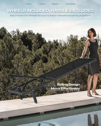 Miniatura 3 de Sillas de Descanso para Piscina, Tumbona al Aire Libre con Ruedas y Reclinable de 5 Posiciones -Fácil de Mover- Silla de Descanso de Aluminio