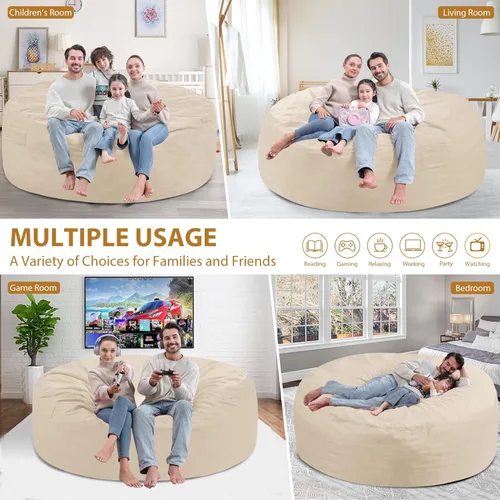 Miniatura 123 de Puf de 5 pies, puf grande con relleno de espuma viscoelástica, sofá puff esponjoso con funda de terciopelo holandés, puf redondo para sala de estar