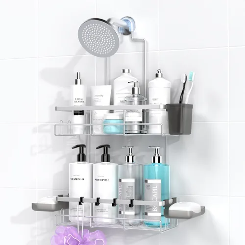 Miniatura 11 de AKTECKE Organizador de baño colgante para ducha: estante a prueba de óxido para ducha interior, sin estantes de perforación sobre el cabezal