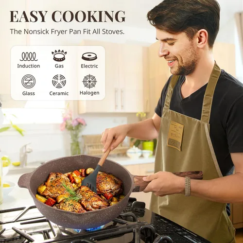Miniatura 4 de AOSION Sartén de 11 Pulgadas Antiadherente de Cerámica para Freír Profundo con Tapa, Sartén de 5QT para Cocinar con Parrilla de Vapor, Sartén Grande