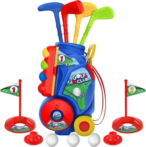 SUPER JOY Juego de golf para niños pequeños, carrito de golf para niños con 4 palos y 8 pelotas, palos de golf para interiores y exteriores, palos