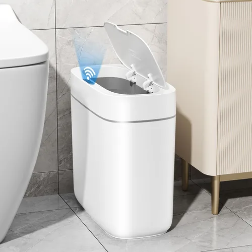 JUDRDO Bote de basura pequeño para baño, 3.5 galones, automático, sin contacto, con tapa, sensor de movimiento, delgado, impermeable, cesta de