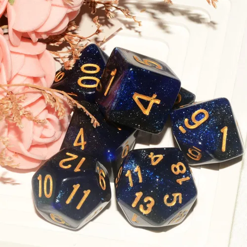 Miniatura 2 de Dados DND Galaxy de 7 piezas, con purpurina cósmica azul y negro mixto, dados DND poliédricos para juegos de mesa RPG MTG
