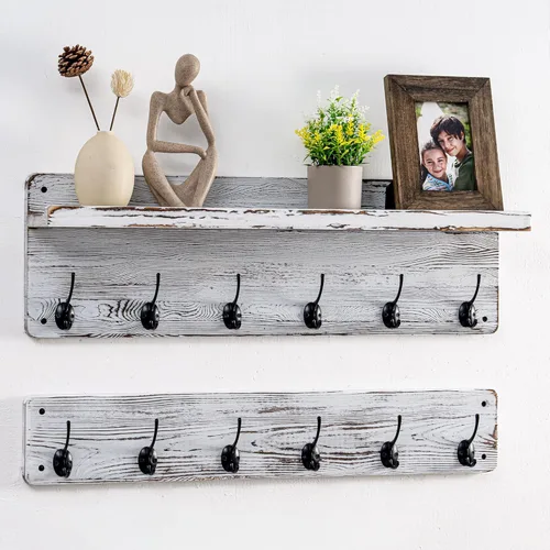 Miniatura 9 de Perchero de pared de 29.5 pulgadas de ancho con estante, estante de pasillo con 12 ganchos para abrigos, perchas para pared, perchero para clavijas