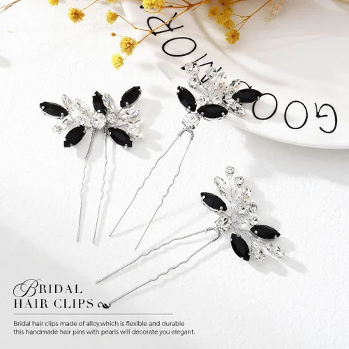 Miniatura 4 de Unicra Horquillas para el pelo de cristal negro plateado con diamantes de imitación, piezas de pelo de novia, accesorios para novias y mujeres