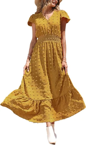 PRETTYGARDEN - Vestido bohemio de manga corta con cuello en V y plumetí con volantes, vestido maxi fruncido de cóctel