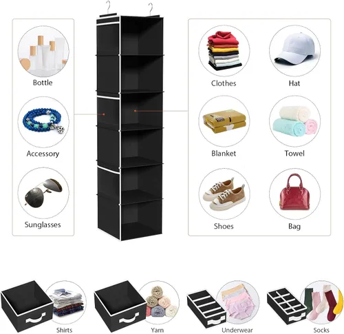 Miniatura 4 de Univivi Organizador de armario colgante de 6 estantes y almacenamiento con 4 cajones extraíbles y 6 bolsillos laterales, organizador de ropa