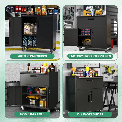 Miniatura 6 de Armario de almacenamiento de metal para garaje con ruedas, gabinete de herramientas con cerradura negra con cajón y estantes ajustables, gabinete