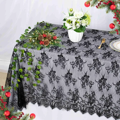Miniatura 8 de Mantel de encaje rectangular de 60 x 120 pulgadas, mantel clásico de encaje vintage con superposición de encaje negro para suministros de fiesta