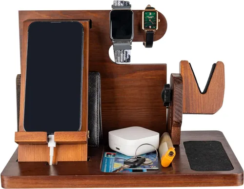 Miniatura 8 de Organizador de pistola de madera para hombre, soporte para teléfono, cartera, estación de acoplamiento, reloj militar, soporte de noche, soporte