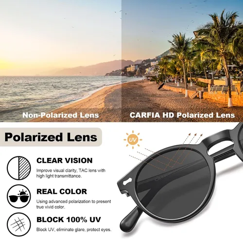 Miniatura 73 de CARFIA Gafas de sol polarizadas de acetato redondo para mujer, protección UV de cara pequeña con funda de cuero CA5288